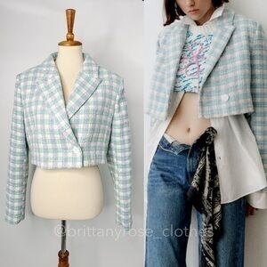 Zara Cropped Pastel Plaid Blazer in Mint & Lavender